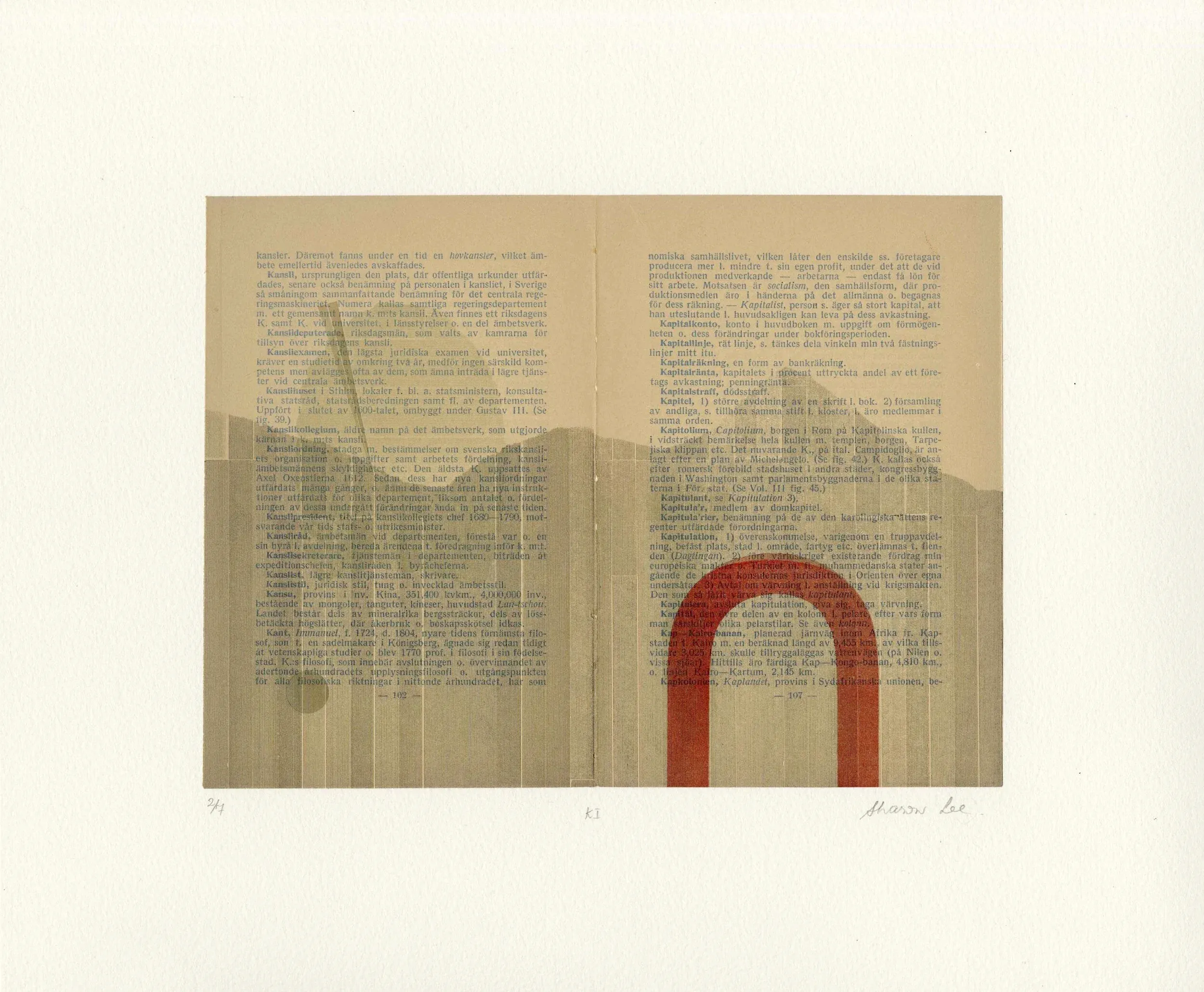 K1 — lithograph, relief and chine collé on found book pages, by Sharon Lee