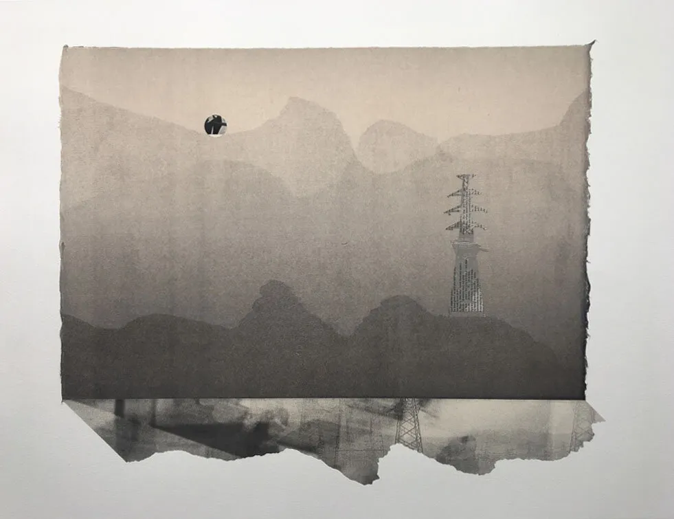 Oblique projectionscape with pylon — Lithograph and chine collé